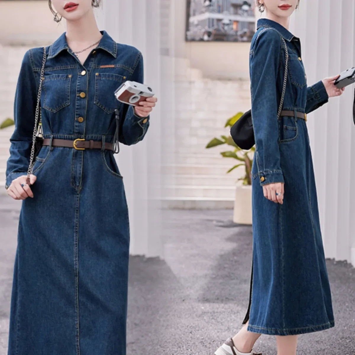 Fashionable Long Sleeve Denim Dress Women Spring Autumn New High End Elegant Casual Slimming Shirt Style Ankle Length Dress
