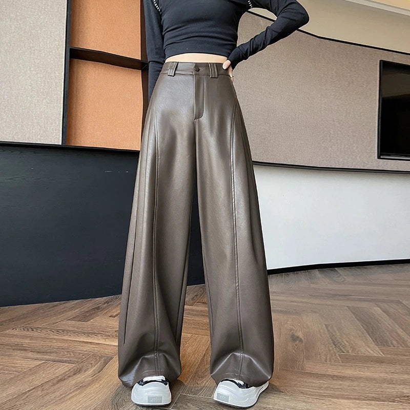 New Autumn Winter High Waist Vintage Coffee PU Leather Wide Leg Pants Button Straight Casual Loose Full Length Trousers Female