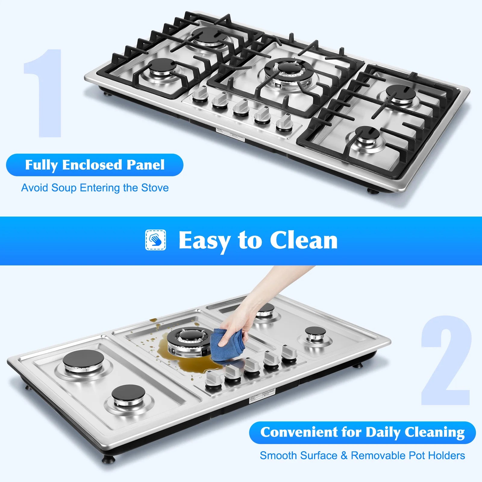 Built-in Gas Cooktop with 5 Burners Electronic Pulse Ignition Built-in Stainless Steel Gas Hob for Kitchen
