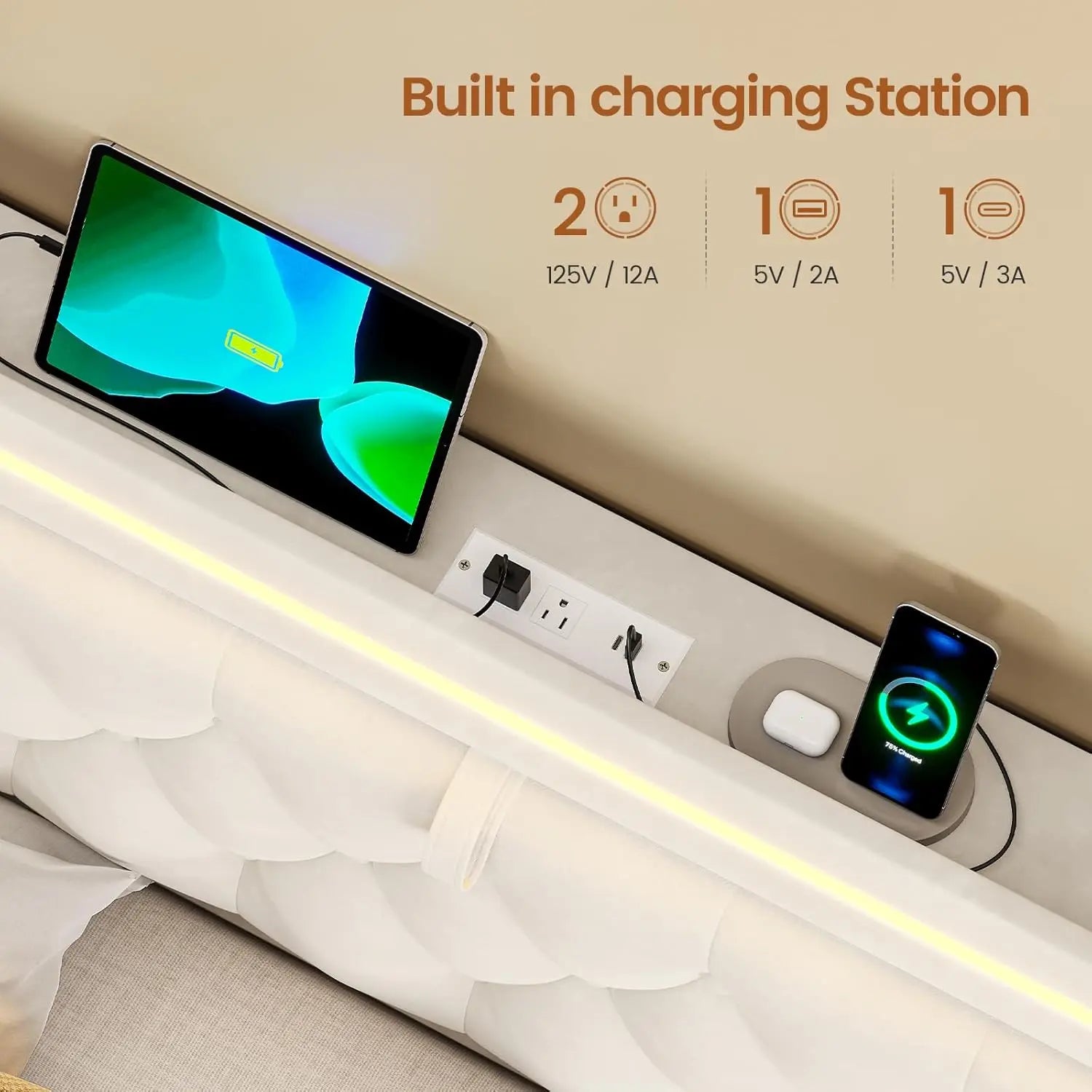 Upholstered LED Bed Frame with 5 Drawers, Velvet Hidden Storage Headboard with Charging Station, Button Tufted