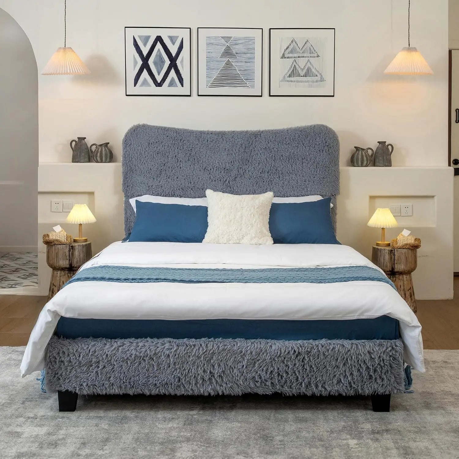 Queen Bed Frame With Headboard, Boho Fluffy Boucle Cloud Upholstered Platform Bed With Soft Rounded Corners And Wooden Slats, No