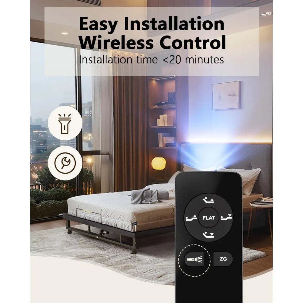 King Size Adjustable Bed Base Frame - Quiet Motor, Head & Foot Incline, Zero Gravity, Wireless Remote, Universal Compatibility (