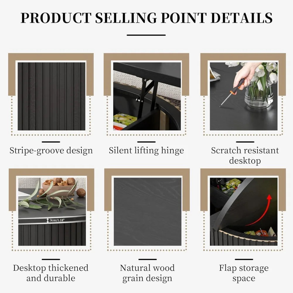 Contemporary 31.6 Inch Lift Top Coffee Table with Concealed Storage, Circular Wooden Fluted Center Table for Living Spaces