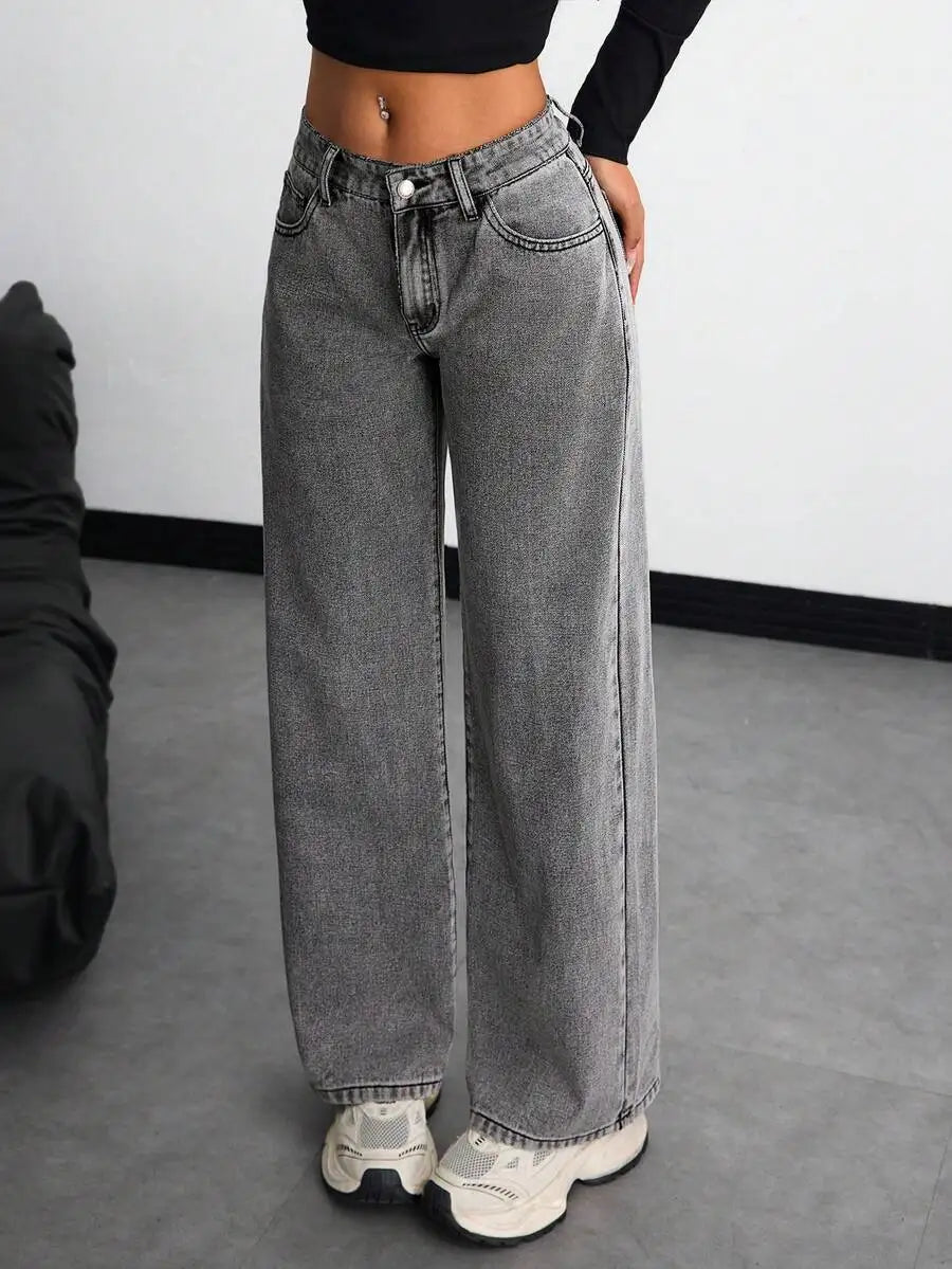 Solid Color Pocket Casual Versatile Wide-Leg Jeans