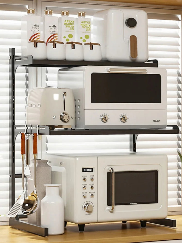 Kitchen Retractable Microwave Oven Storage Rack Household Countertop Cooker Oragnizer Cabinets Adjustable Seasoning Rack Shelf