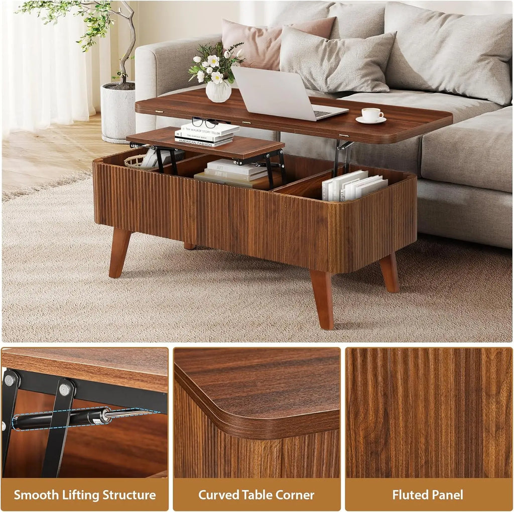 3-in-1 Lift Top Coffee Table, Convertible Oval Wooden Table with Storage, Modern Walnut Finish, Partial Assembly