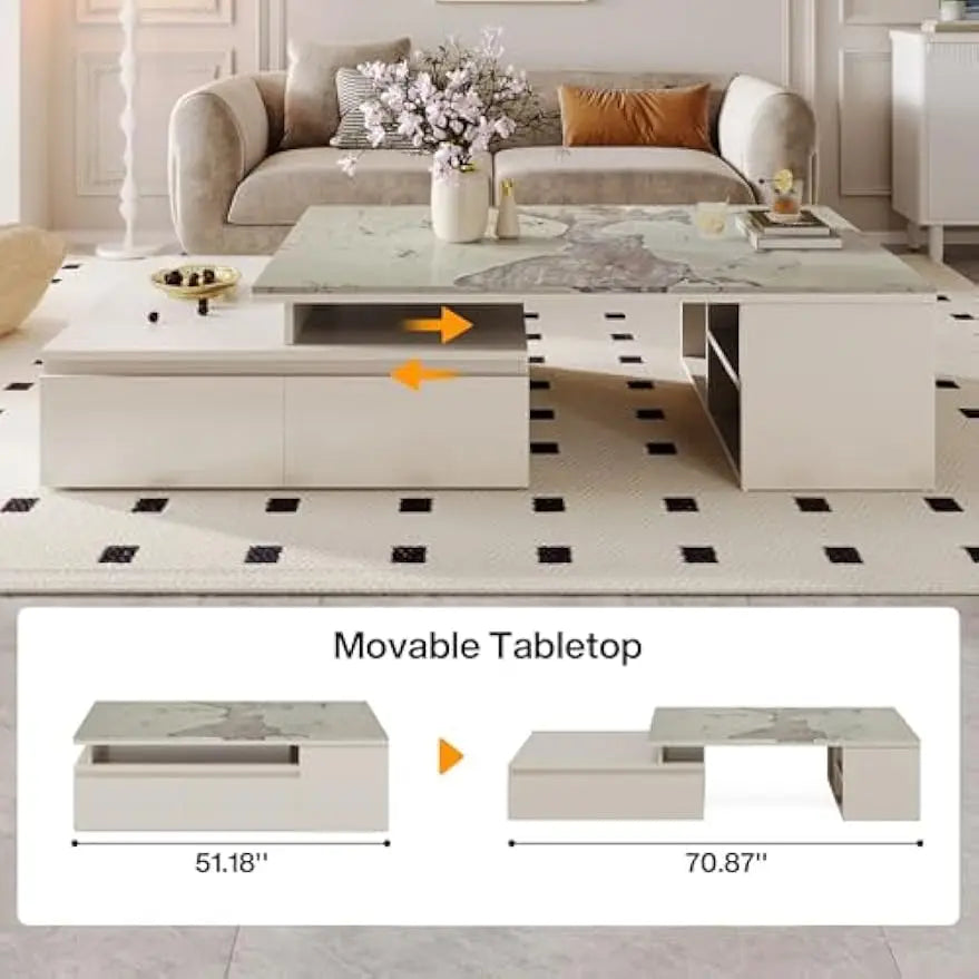 Extendable Tabletop Coffee Table with 4 Drawers & Storage Shelf, Modern from 51-Inch to 71-Inch Center Table for Living Room, F