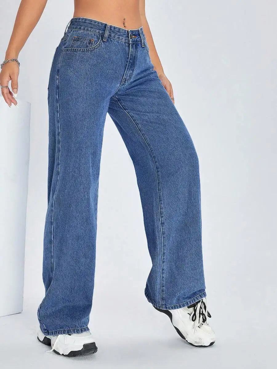 Solid Color Pocket Casual Versatile Wide-Leg Jeans