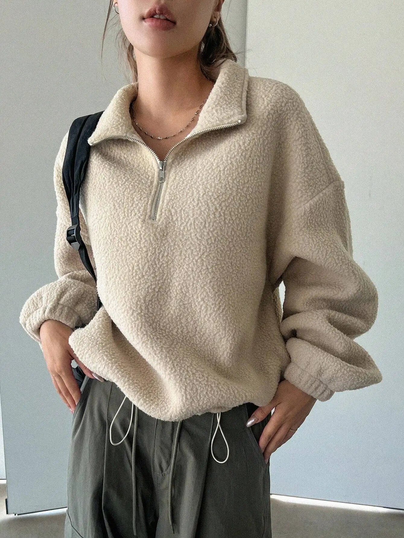 Oversized Half Zip Teddy Sweatshirt for Women, Drop Shoulder Long Sleeve Funnel Neck Casual Top, Apricot