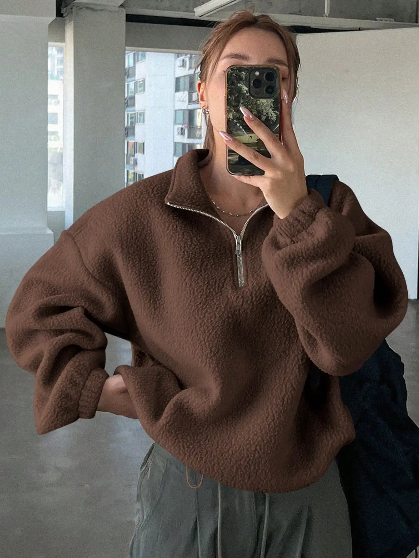 Oversized Half Zip Teddy Sweatshirt for Women, Drop Shoulder Long Sleeve Funnel Neck Casual Top, Apricot