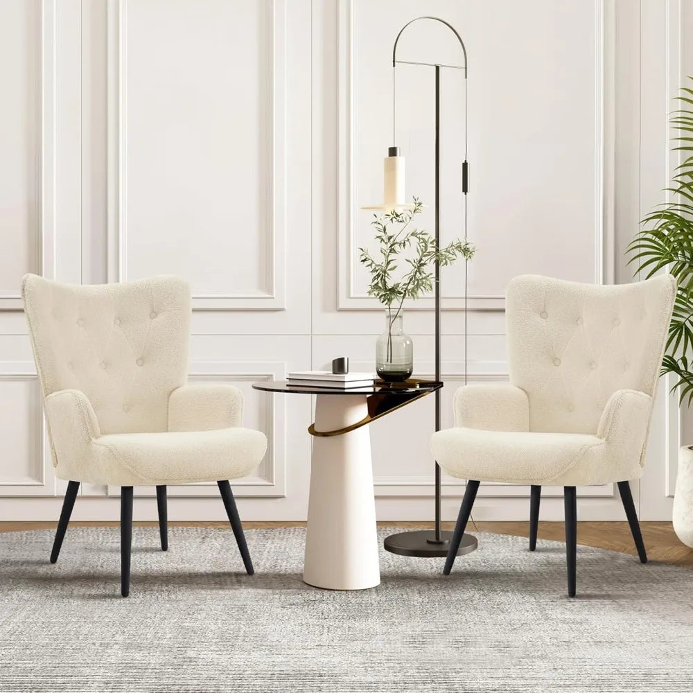 White Faux Fur Accent Chair - Mid Century Modern Living Room Furniture, Comfortable Armchair for Leisure and Vanity, Guest Wingb