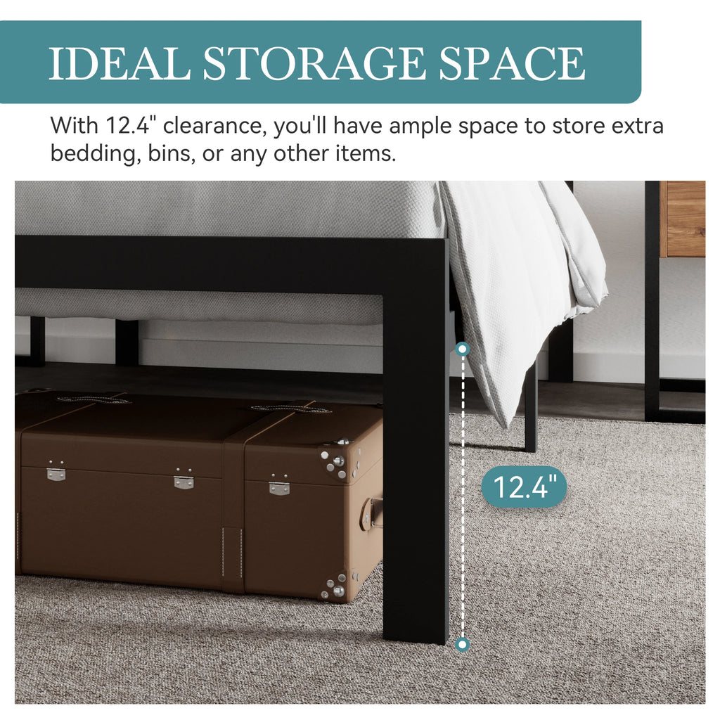 HOOMIC Metal Bed Frame, Upholstered Headboard with Square Stitched, Classic Button Tufted, Faux Leather, No Box Spring Needed