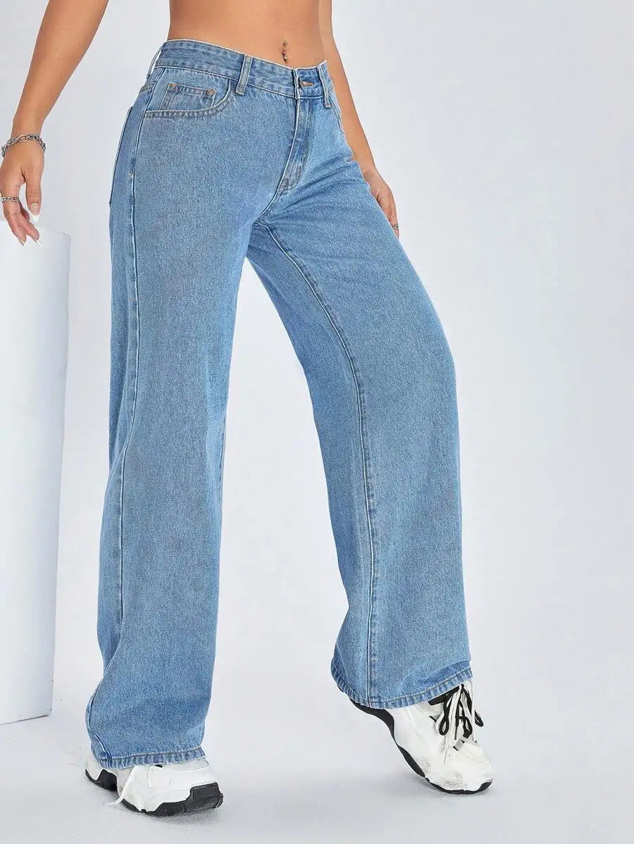 Solid Color Pocket Casual Versatile Wide-Leg Jeans