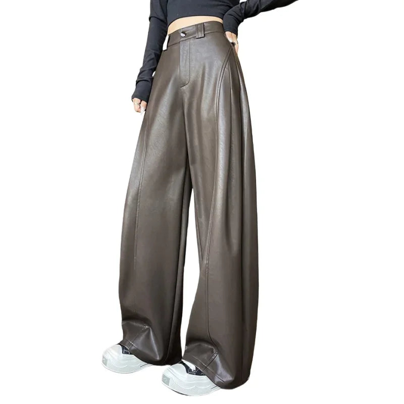 New Autumn Winter High Waist Vintage Coffee PU Leather Wide Leg Pants Button Straight Casual Loose Full Length Trousers Female