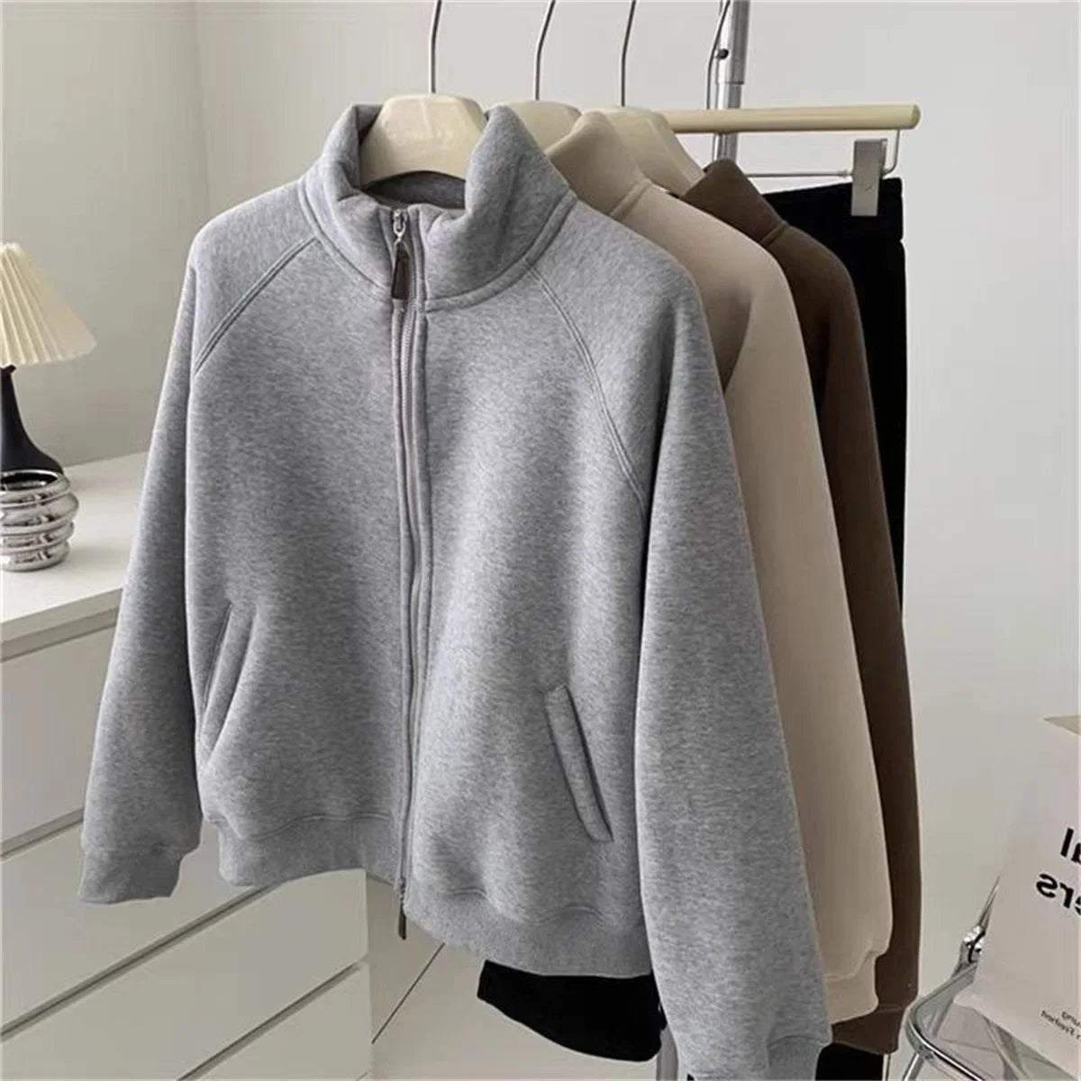 Women Autumn Winter Sweatshirt Coat Zip Up Solid Long Sleeve Stand Neck Jacket Lady Fashion Casual Street Vintage Coats Outwear