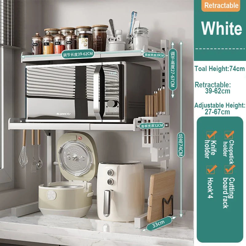 Kitchen Retractable Microwave Oven Storage Rack Household Countertop Cooker Oragnizer Cabinets Adjustable Seasoning Rack Shelf