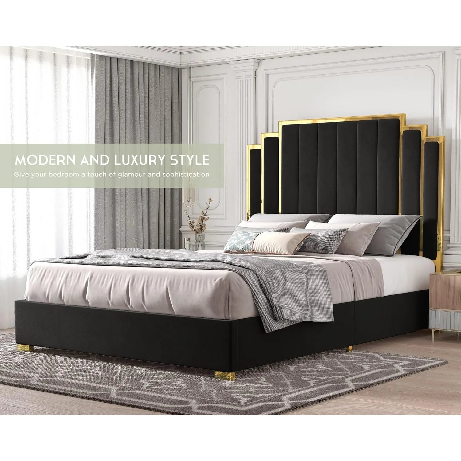 King Size Bed Frame and 65" Headboard, Upholstered Bed with Golden Plating Trim, Modern Platform Bed No Box Spring Needed, Black