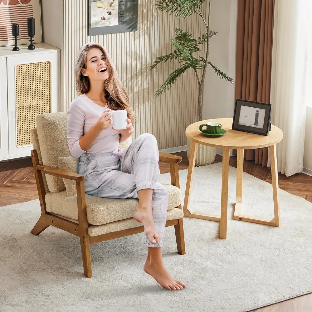 Accent Chair Wide Armrest Mid-Century Lounge Chair Teddy Fleece Armchair with Lumbar Pillow & Solid Wood Frame for ,Customized