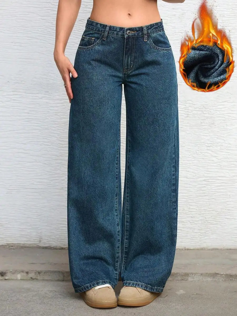 Solid Color Pocket Casual Versatile Wide-Leg Jeans