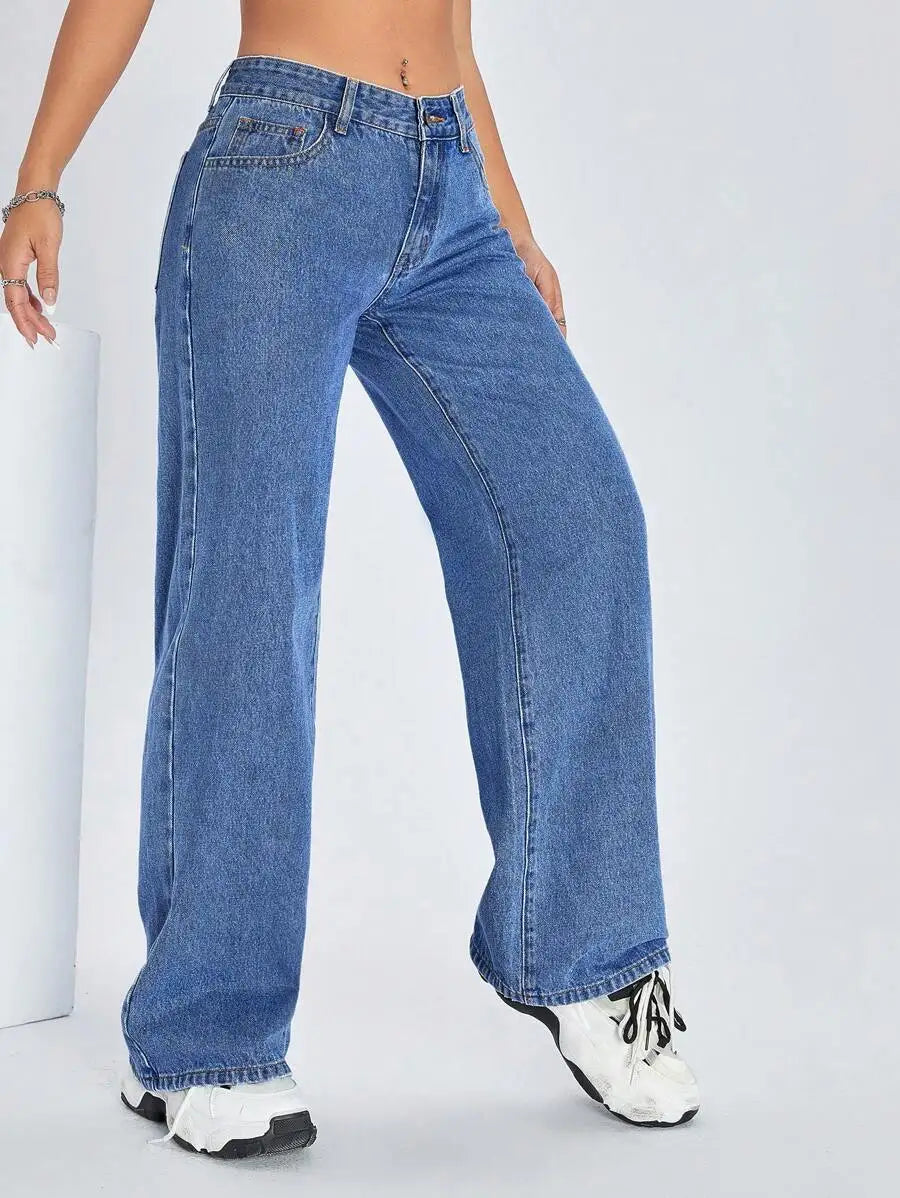 Solid Color Pocket Casual Versatile Wide-Leg Jeans