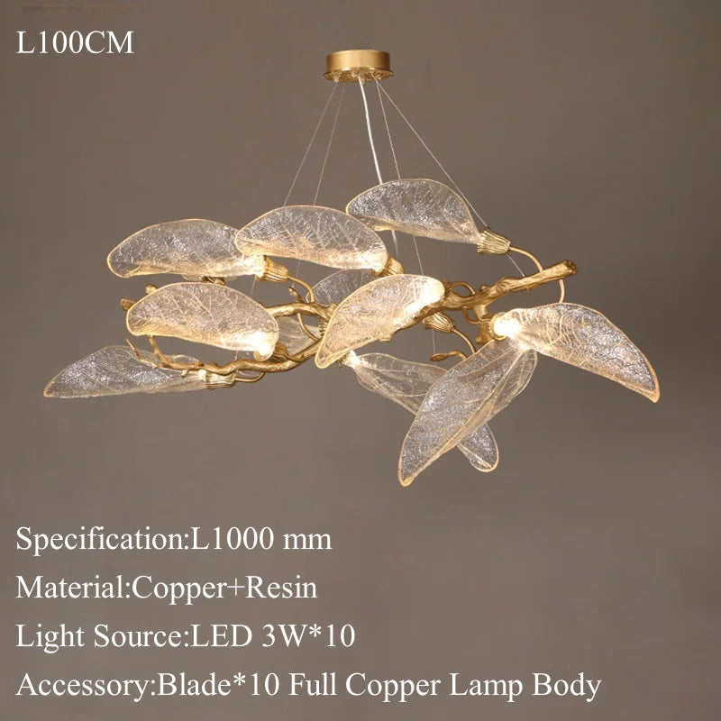 Luxury Villa Copper Branch Chandelier Dining Room Living Room Lobby Designer Art Resin Leaf Pendant Lamp Chandelier High Ceiling
