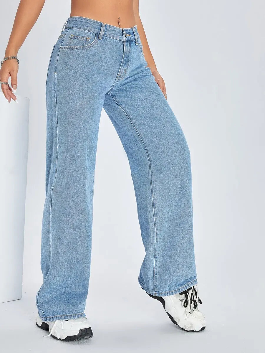Solid Color Pocket Casual Versatile Wide-Leg Jeans