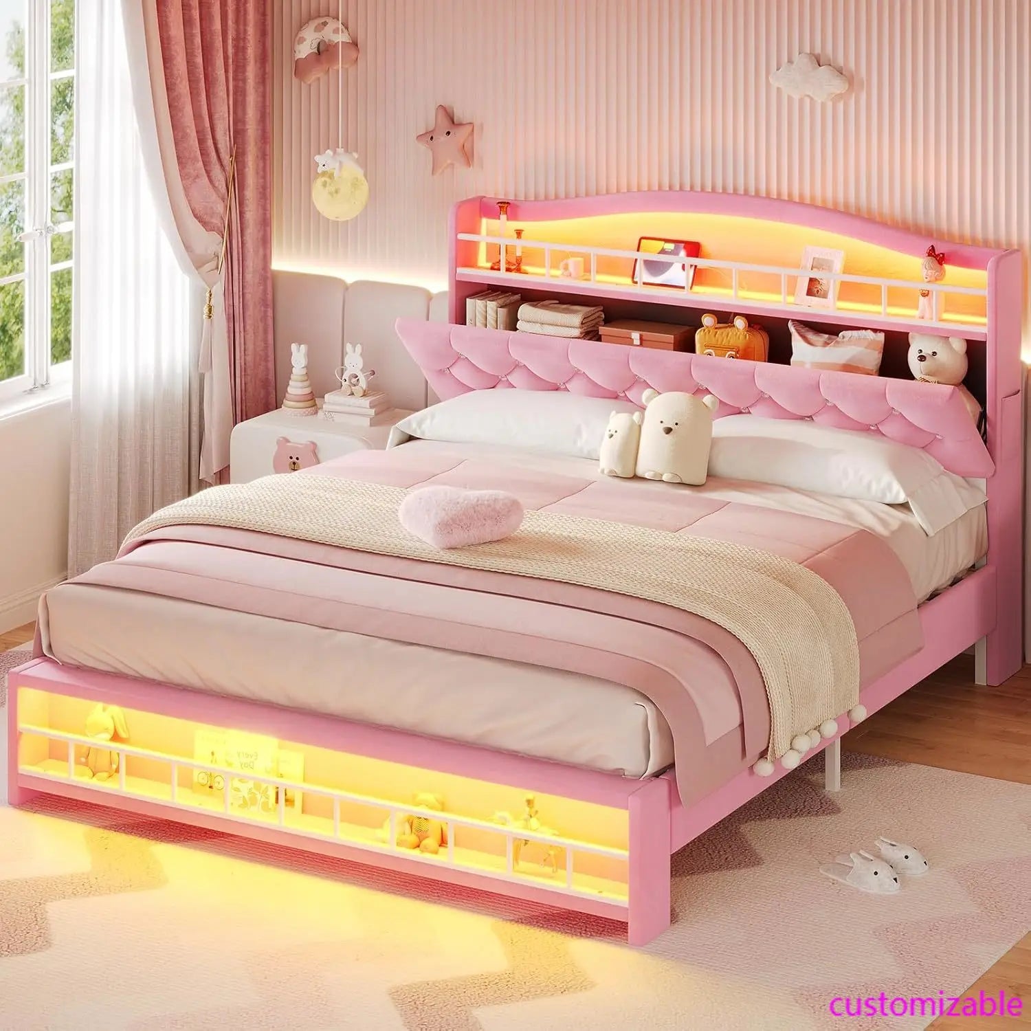 Queen Szie Girls Bed with LED Lights & Charging Station, Princess Queen Size Bed Frame with Hidden Storage Headborad