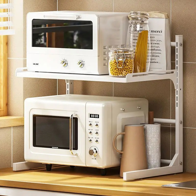 Kitchen Retractable Microwave Oven Storage Rack Household Countertop Cooker Oragnizer Cabinets Adjustable Seasoning Rack Shelf