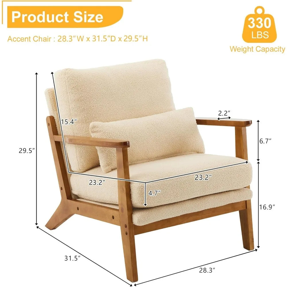 Accent Chair Wide Armrest Mid-Century Lounge Chair Teddy Fleece Armchair with Lumbar Pillow & Solid Wood Frame for ,Customized