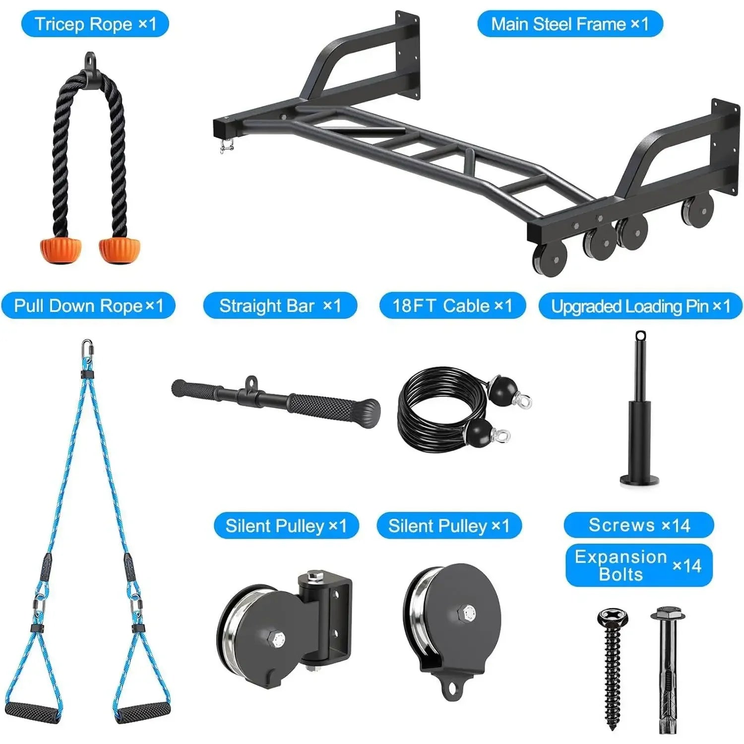 YOU-48'' Heavy Duty Pull Up Bar Wall Mount Multi-function Chin up Bar with Home Gym Cable Pulley System LAT Pulldown Workout