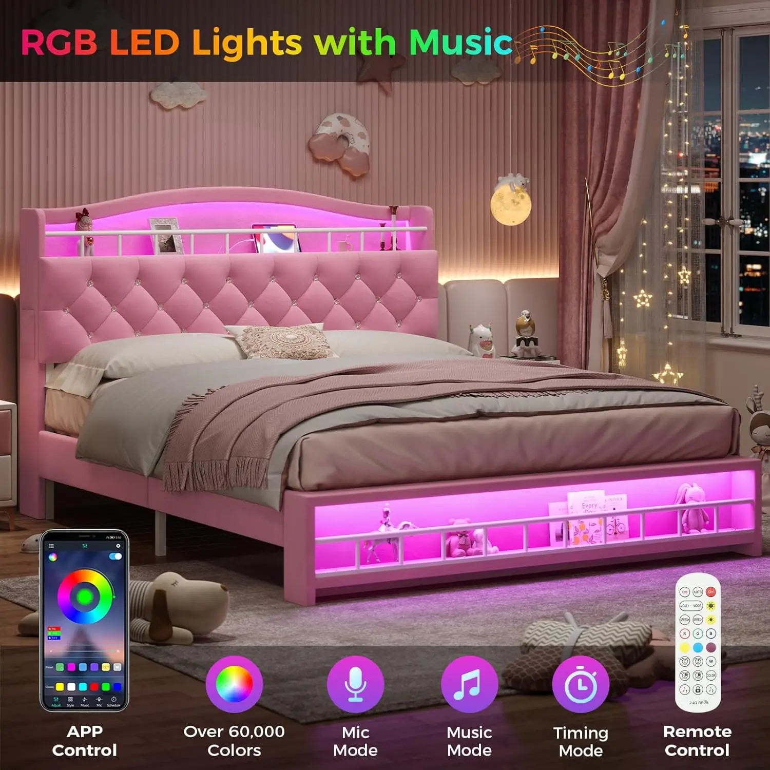 Queen Szie Girls Bed with LED Lights & Charging Station, Princess Queen Size Bed Frame with Hidden Storage Headborad