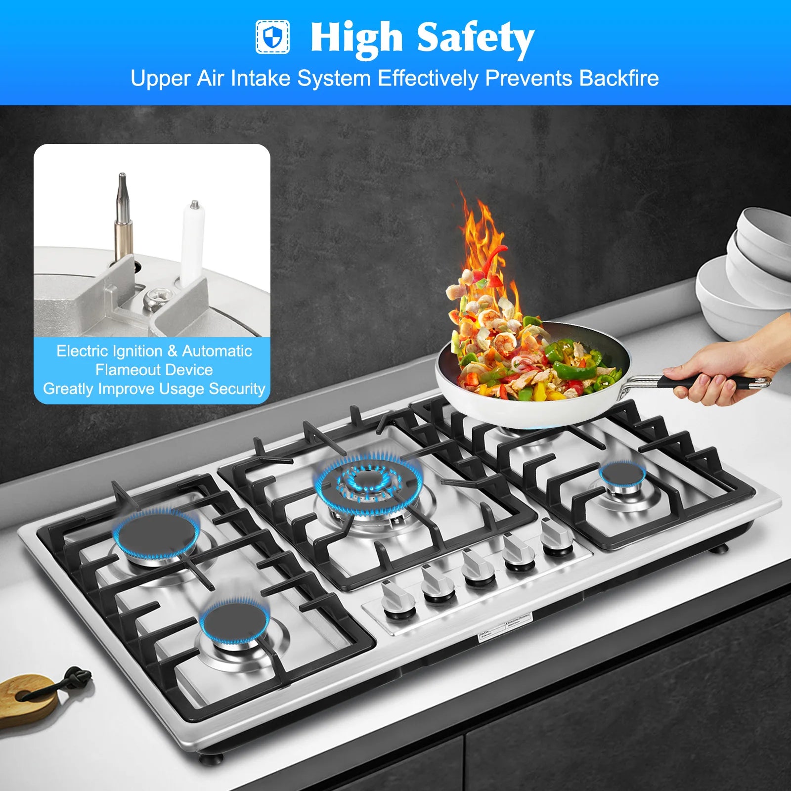 Built-in Gas Cooktop with 5 Burners Electronic Pulse Ignition Built-in Stainless Steel Gas Hob for Kitchen