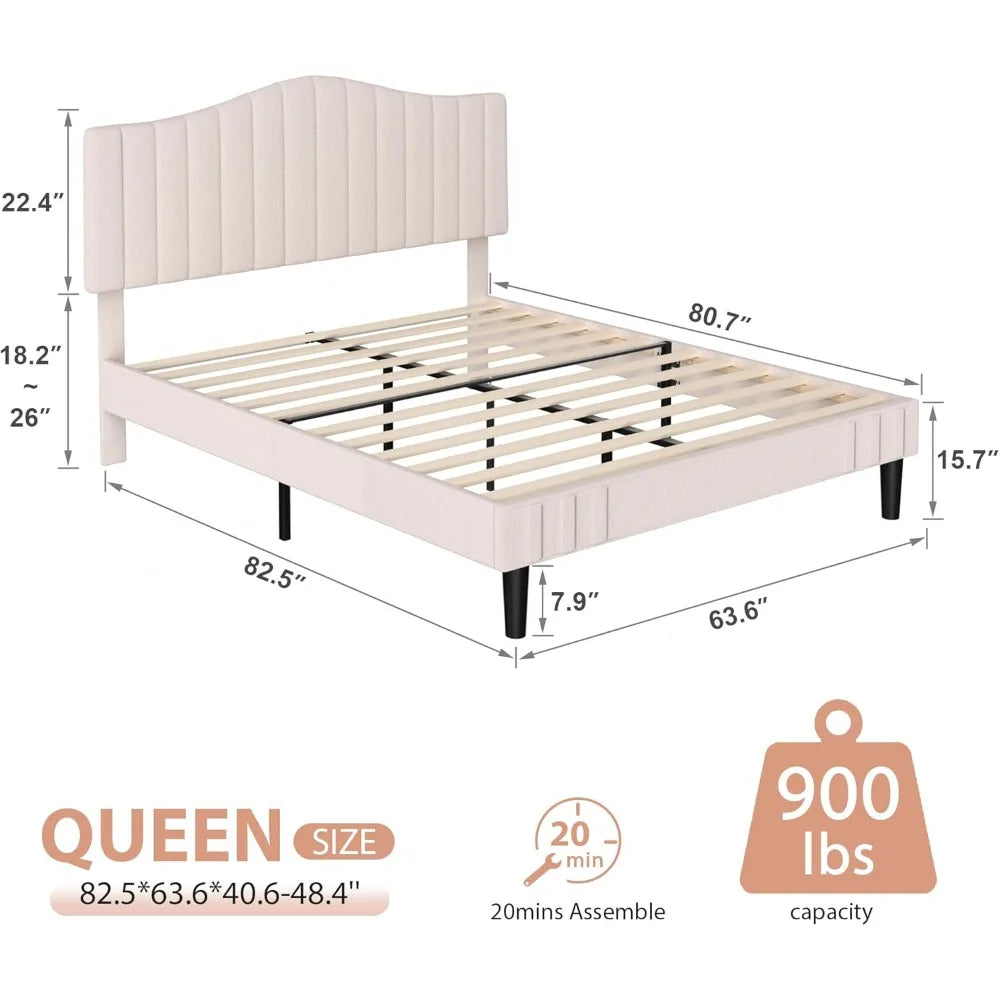 VECELO Queen Size Bed Frame Upholstered Platform Beds with Height-Adjustable Teddy Fabric Headboard, Strong Wood Slats 7.9'' Und