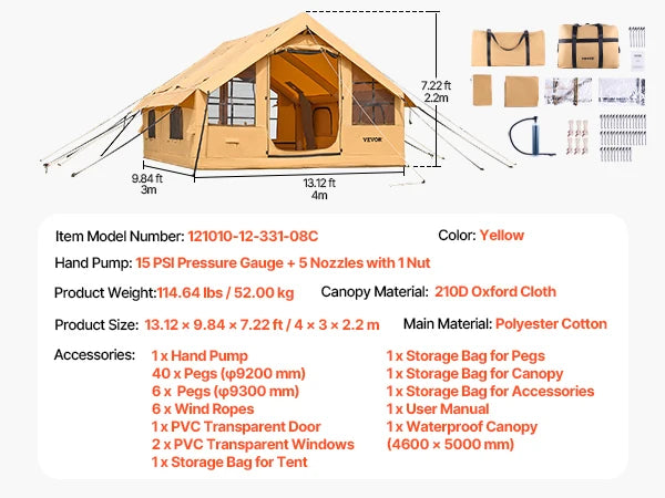 VEVOR Inflatable Tents for Camping Easy Setup Blow up Tent with Hand Pump Glamping Tent with Skylight Stove Jack & Mesh Windows