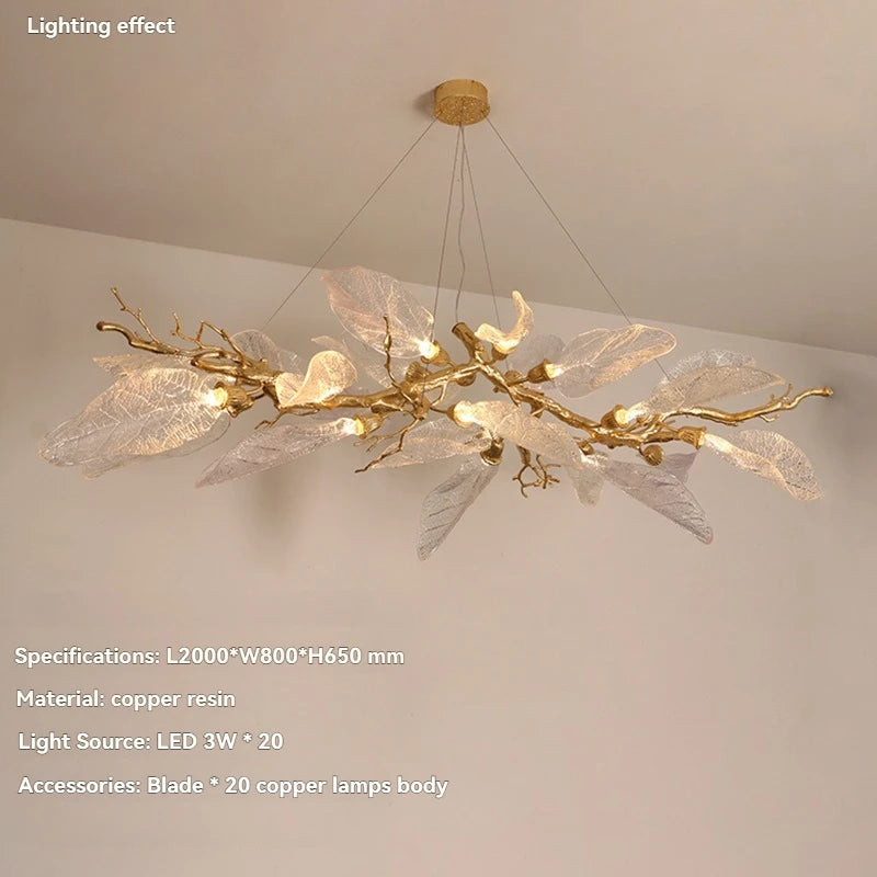 Luxury Villa Copper Branch Chandelier Dining Room Living Room Lobby Designer Art Resin Leaf Pendant Lamp Chandelier High Ceiling