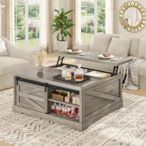 39.4' Lift Top Coffee Table with Storage, Farmhouse Style, Gray