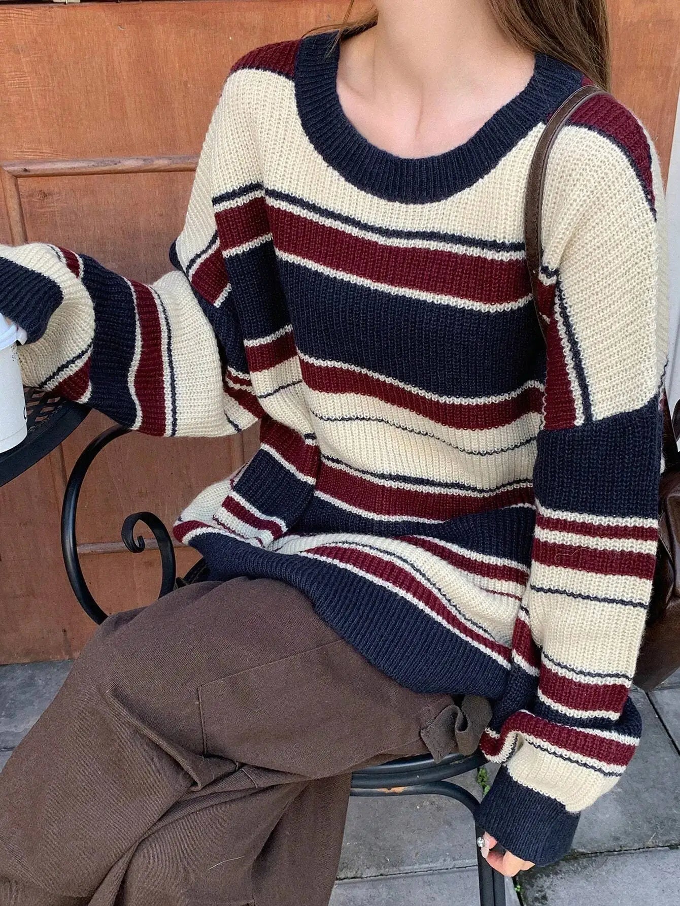 Autumn/Winter Striped Oversized Crew Neck Long Sleeve Casual Sweater,Long Sleeve Tops,Fall Women Clothes