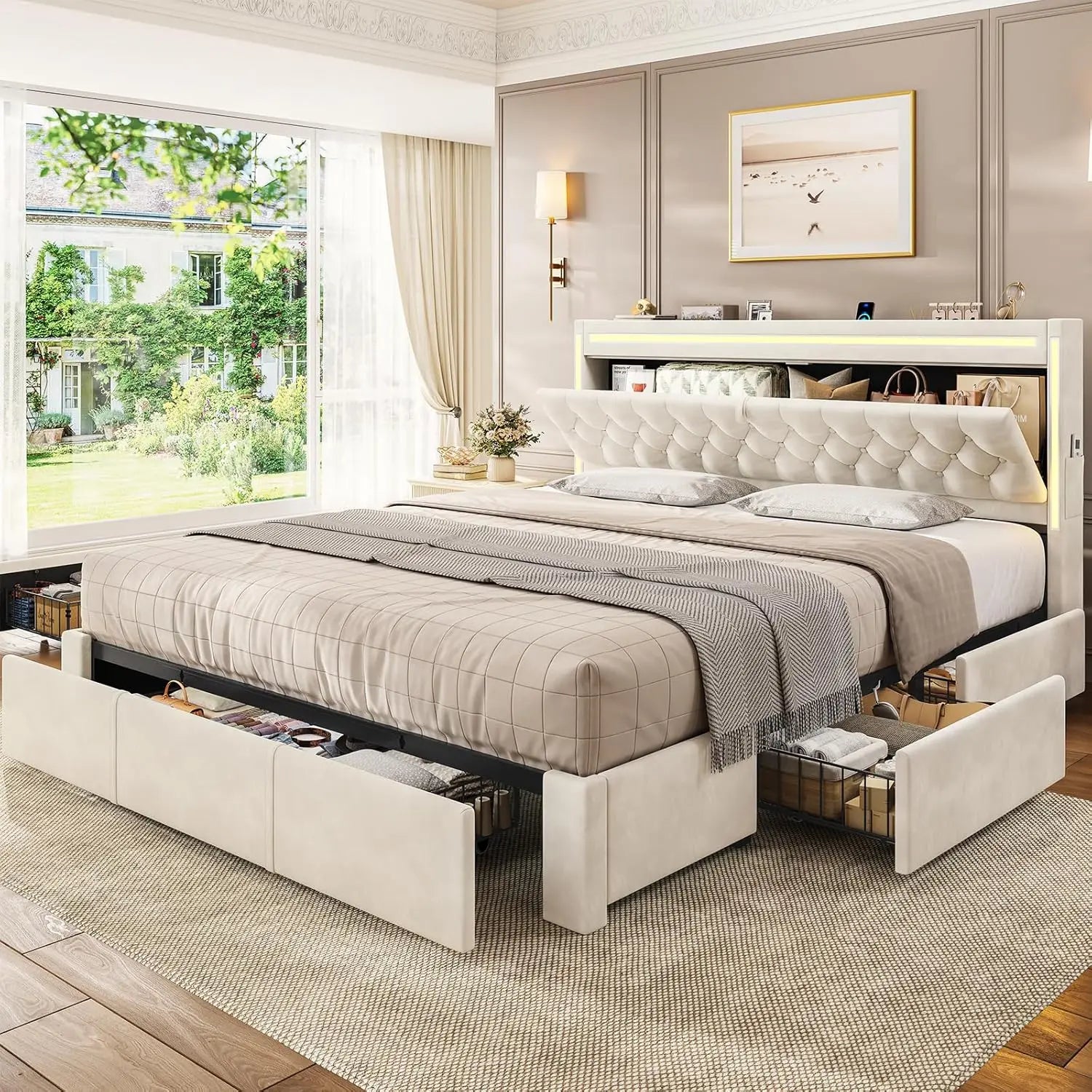 Upholstered LED Bed Frame with 5 Drawers, Velvet Hidden Storage Headboard with Charging Station, Button Tufted