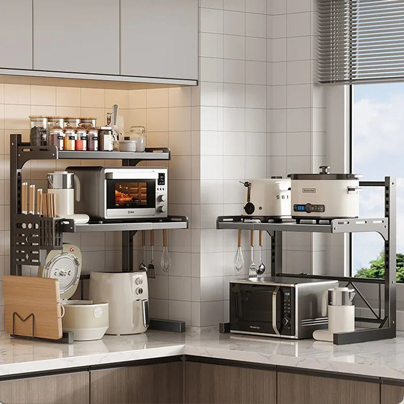 Kitchen Retractable Microwave Oven Storage Rack Household Countertop Cooker Oragnizer Cabinets Adjustable Seasoning Rack Shelf