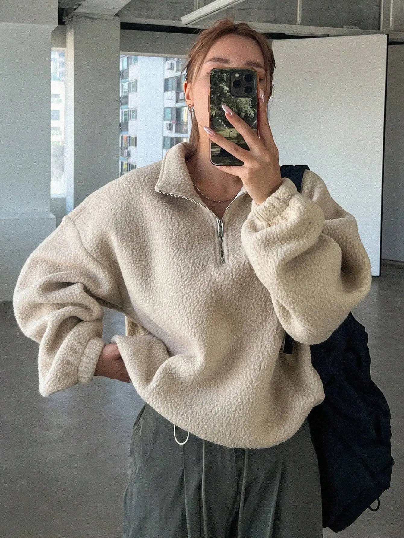 Oversized Half Zip Teddy Sweatshirt for Women, Drop Shoulder Long Sleeve Funnel Neck Casual Top, Apricot