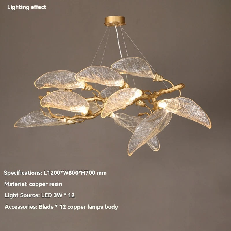 Luxury Villa Copper Branch Chandelier Dining Room Living Room Lobby Designer Art Resin Leaf Pendant Lamp Chandelier High Ceiling