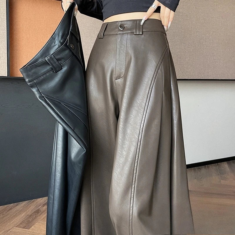 New Autumn Winter High Waist Vintage Coffee PU Leather Wide Leg Pants Button Straight Casual Loose Full Length Trousers Female
