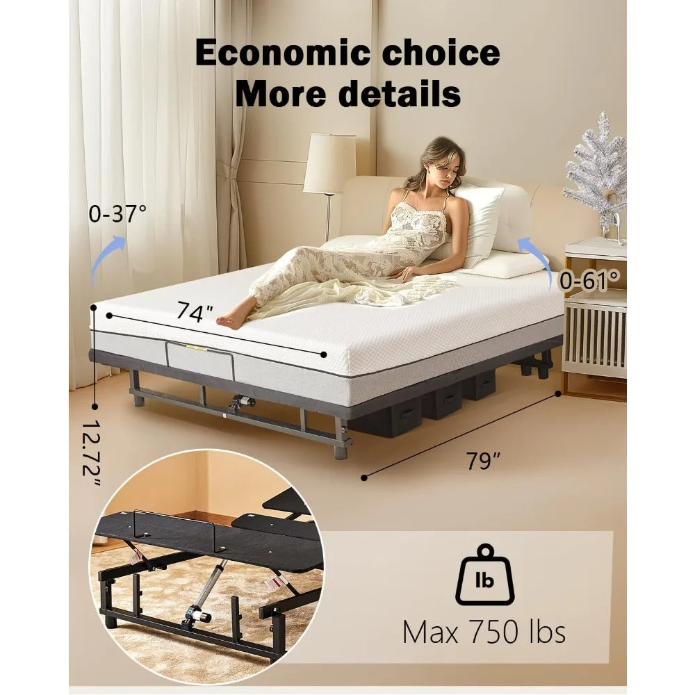 King Size Adjustable Bed Base Frame - Quiet Motor, Head & Foot Incline, Zero Gravity, Wireless Remote, Universal Compatibility (