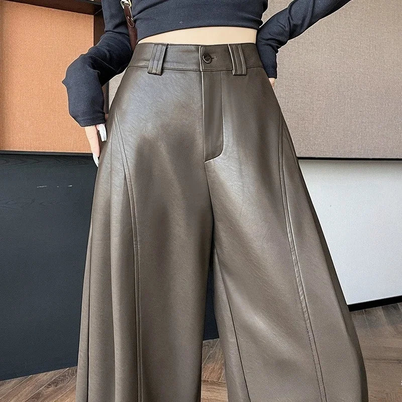 New Autumn Winter High Waist Vintage Coffee PU Leather Wide Leg Pants Button Straight Casual Loose Full Length Trousers Female