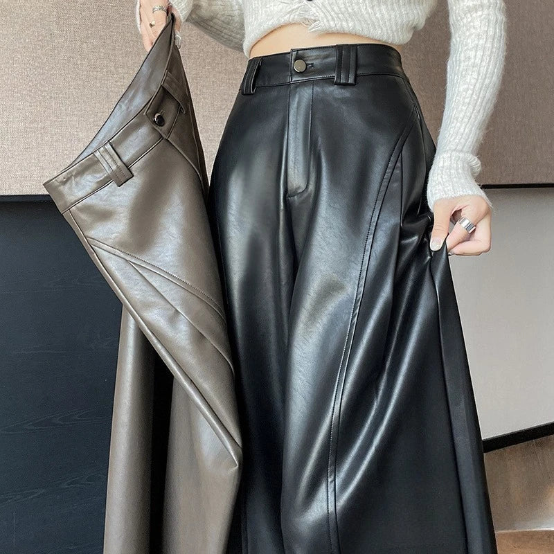 New Autumn Winter High Waist Vintage Coffee PU Leather Wide Leg Pants Button Straight Casual Loose Full Length Trousers Female