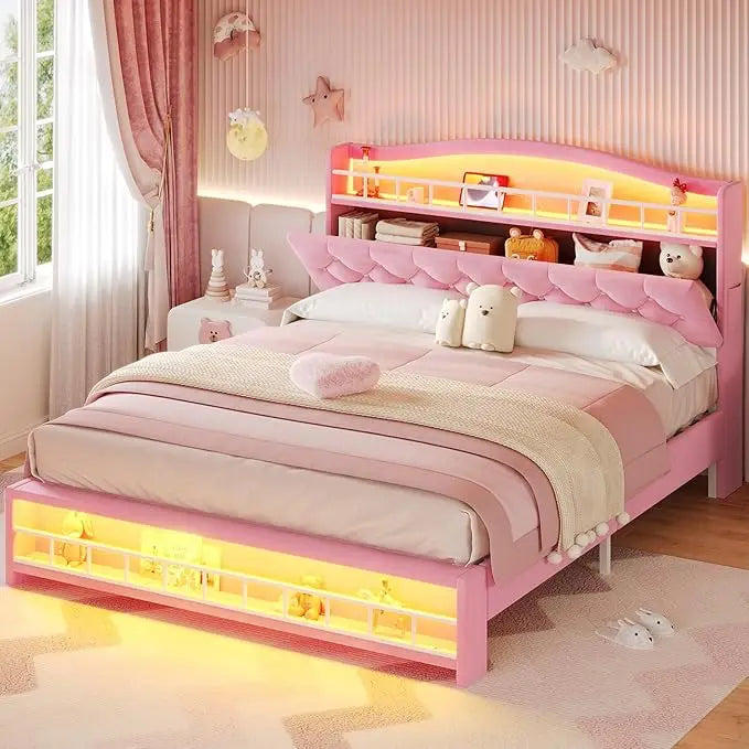 Queen Szie Girls Bed with LED Lights & Charging Station, Princess Queen Size Bed Frame with Hidden Storage Headborad