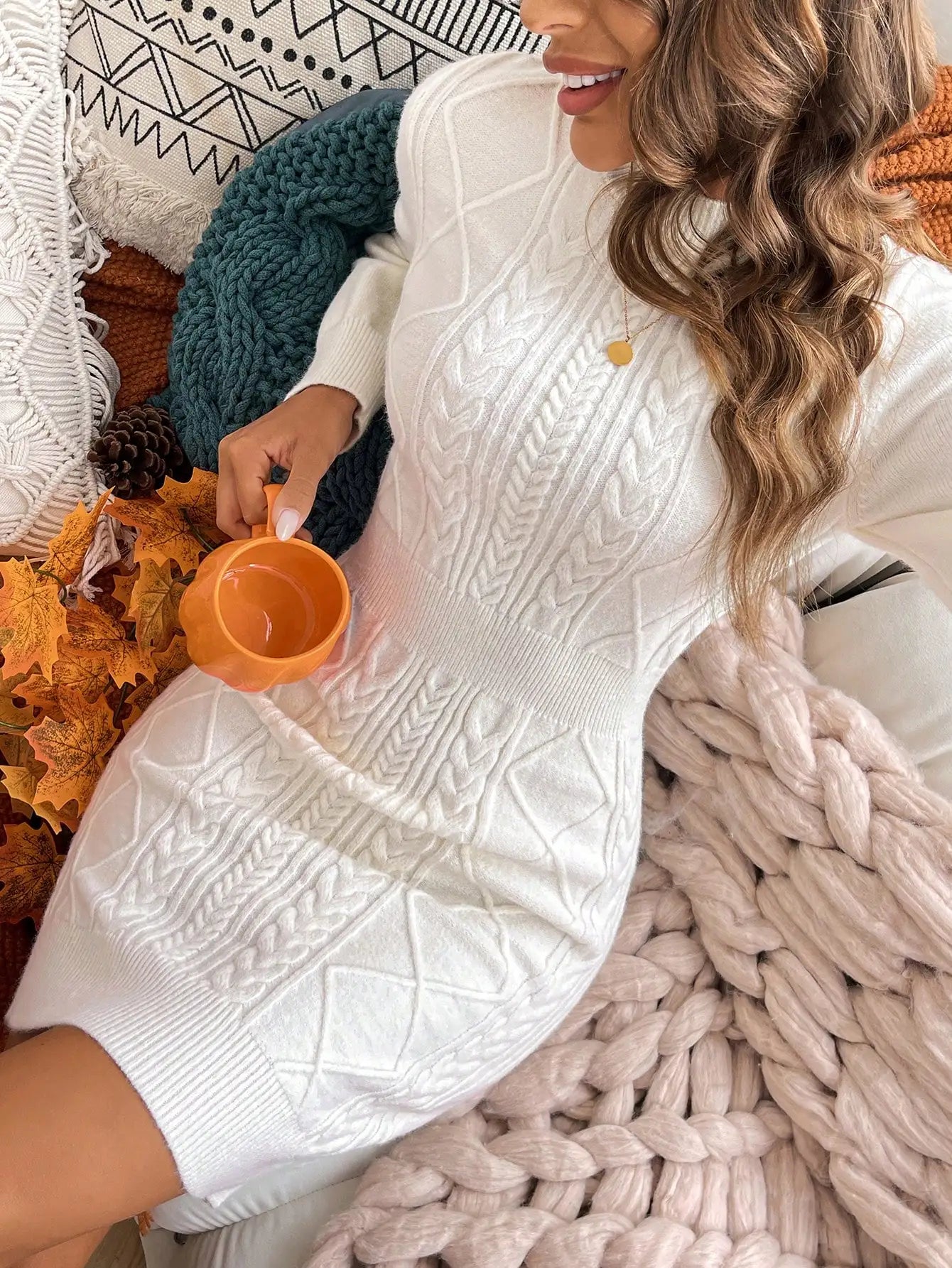 Solid Color Jacquard Knitted Slim Fit Bodycon Sweater Dress, New Warm Lining Dress For Autumn Winter Women Fall Sweaters