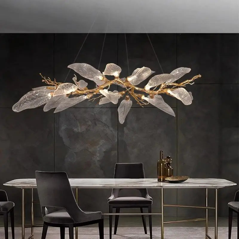 Luxury Villa Copper Branch Chandelier Dining Room Living Room Lobby Designer Art Resin Leaf Pendant Lamp Chandelier High Ceiling