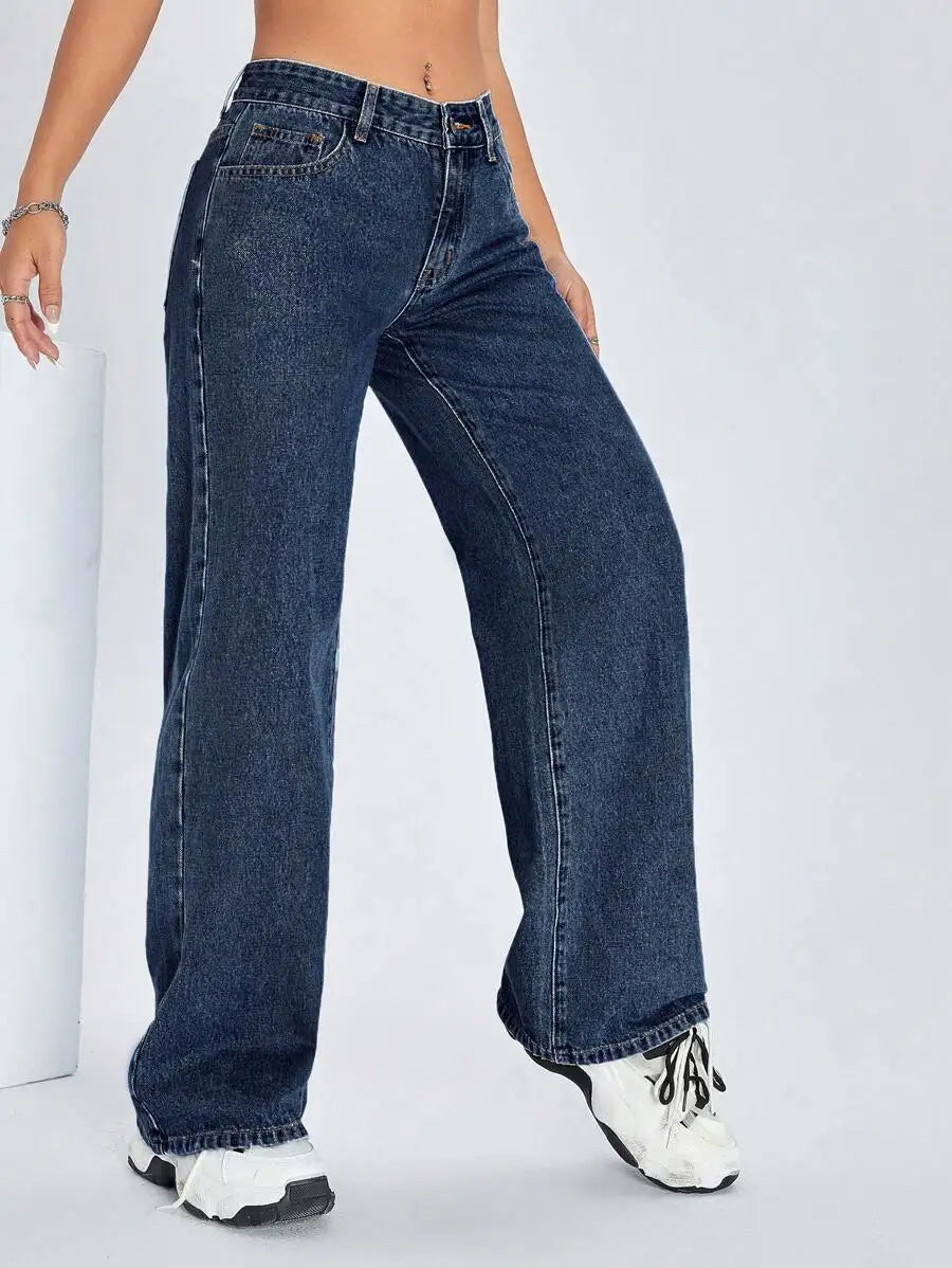 Solid Color Pocket Casual Versatile Wide-Leg Jeans