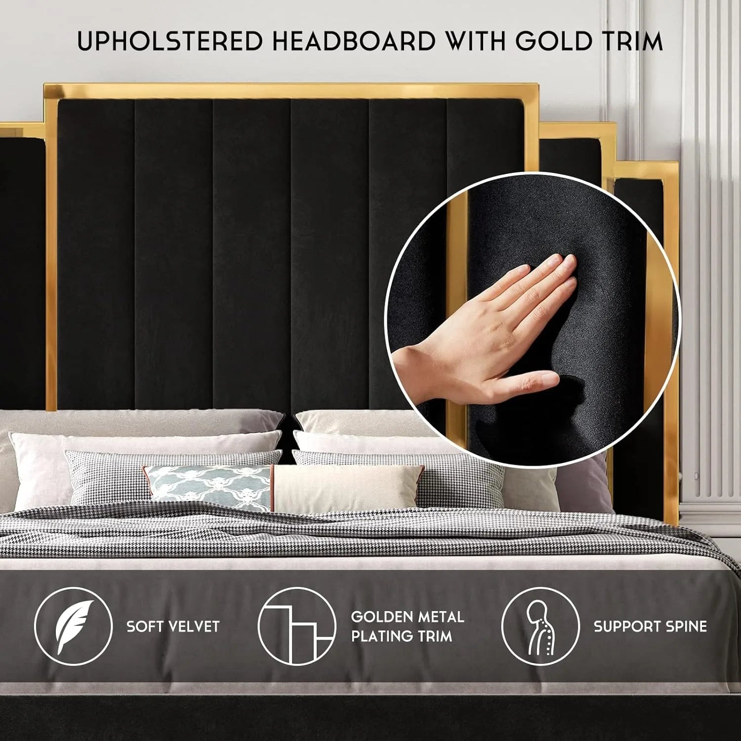 King Size Bed Frame and 65" Headboard, Upholstered Bed with Golden Plating Trim, Modern Platform Bed No Box Spring Needed, Black